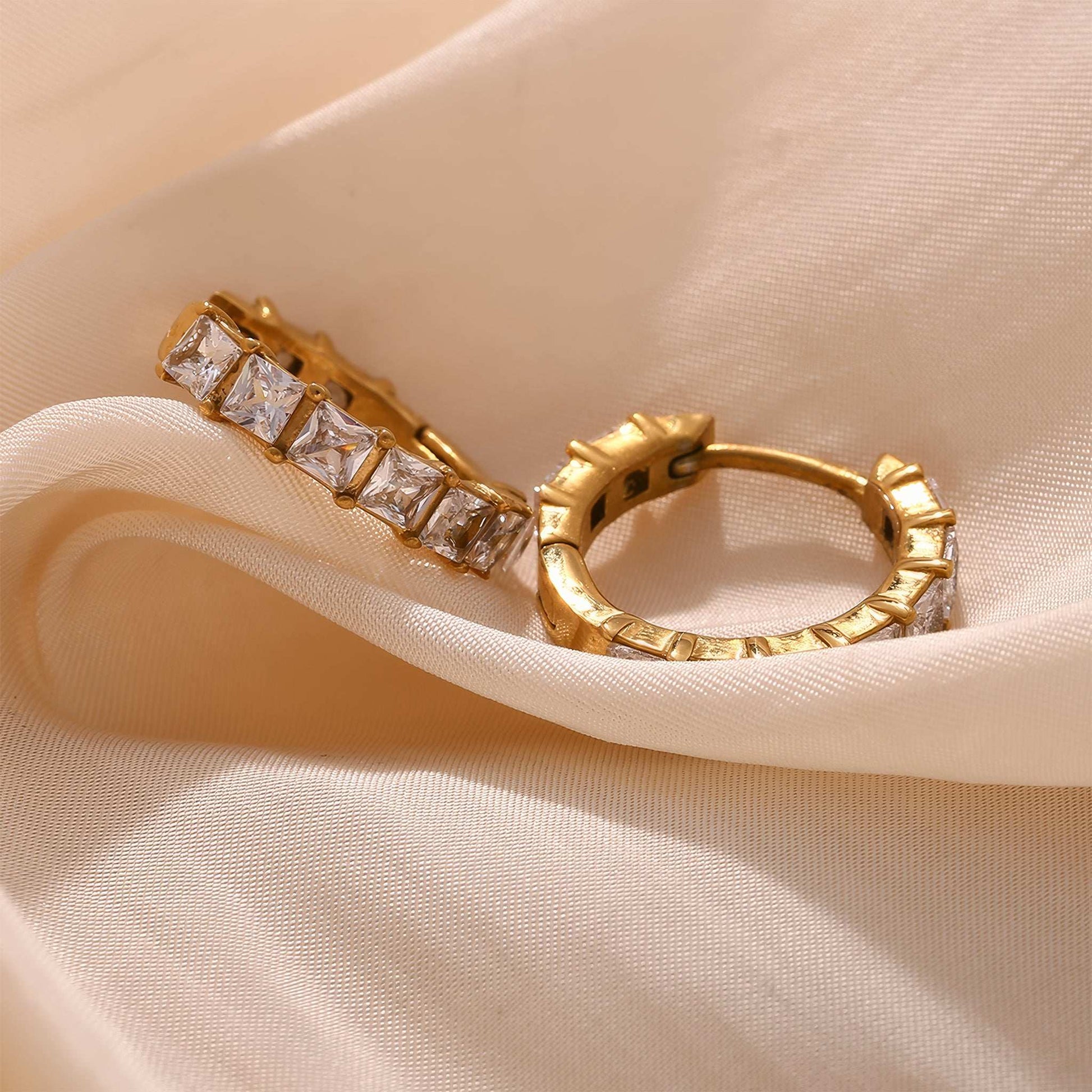 Elegant Gold Rhinestone Huggie Earrings - Gold - Additional View - Ohh Glam