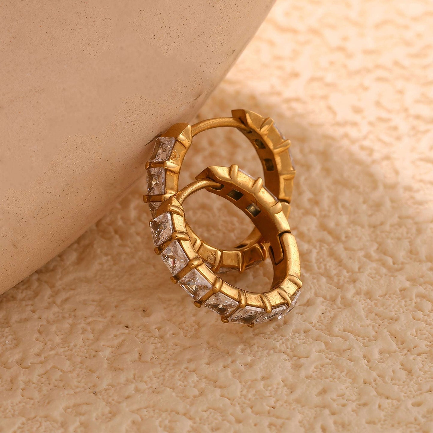 Elegant Gold Rhinestone Huggie Earrings - Gold - Back View - Ohh Glam