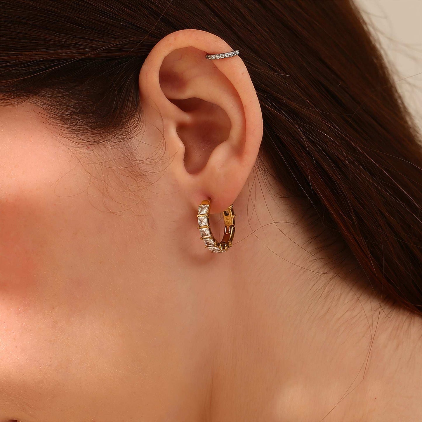 Elegant Gold Rhinestone Huggie Earrings - Gold - Detail View - Ohh Glam