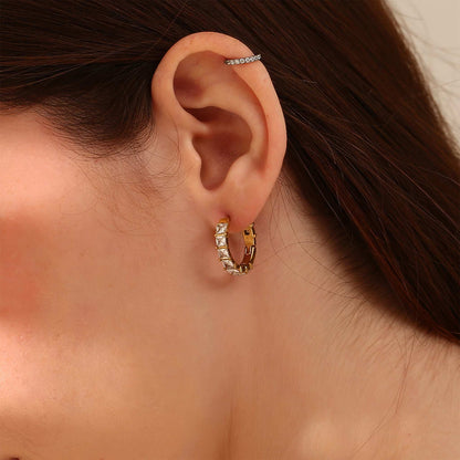 Elegant Gold Rhinestone Huggie Earrings - Gold - Detail View - Ohh Glam