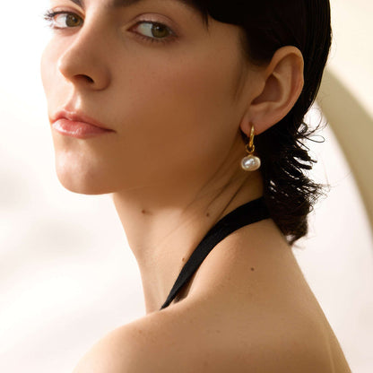 Baroque Pearl Huggie Hoops - Gold - Side View - Ohh Glam