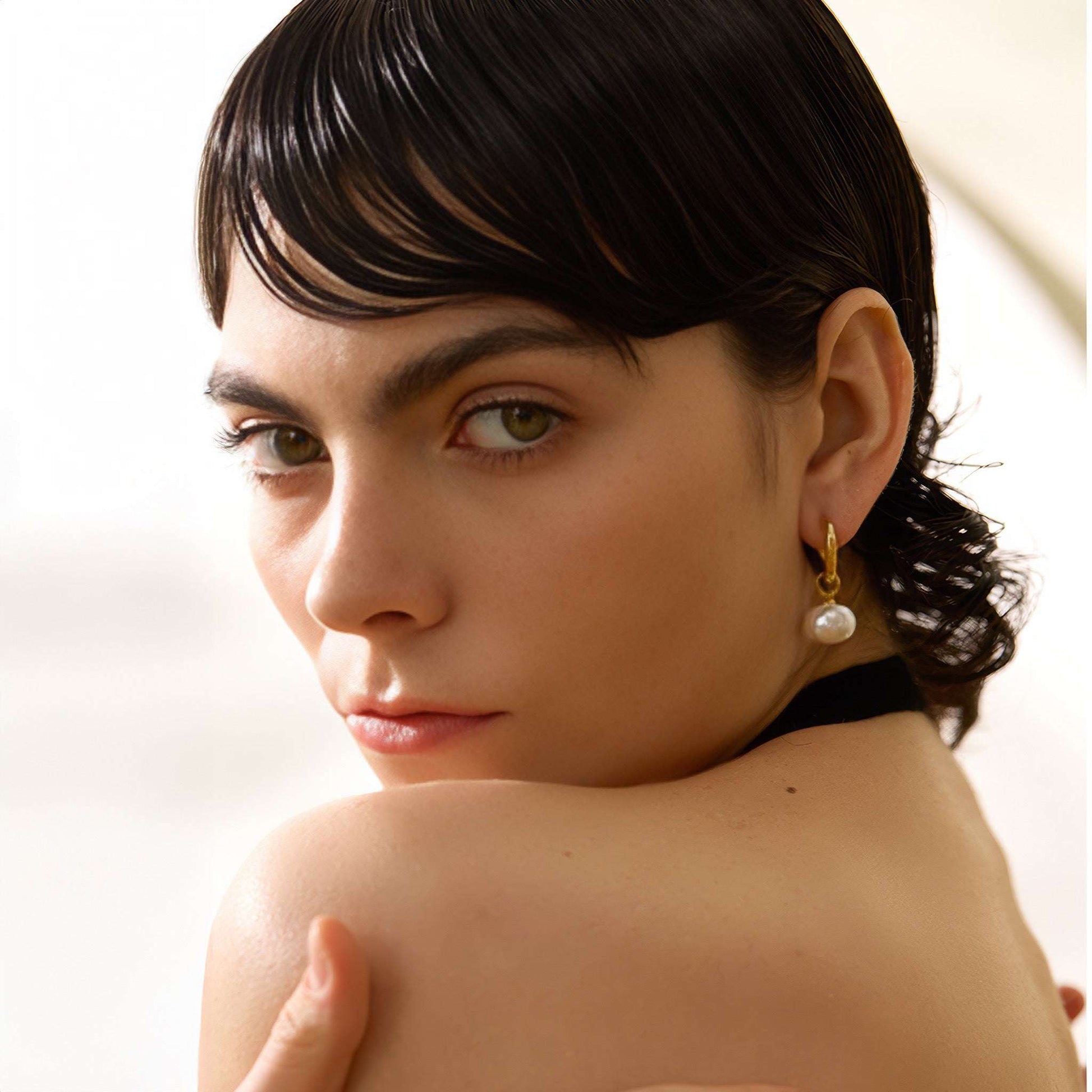 Baroque Pearl Huggie Hoops - Gold - Additional View - Ohh Glam