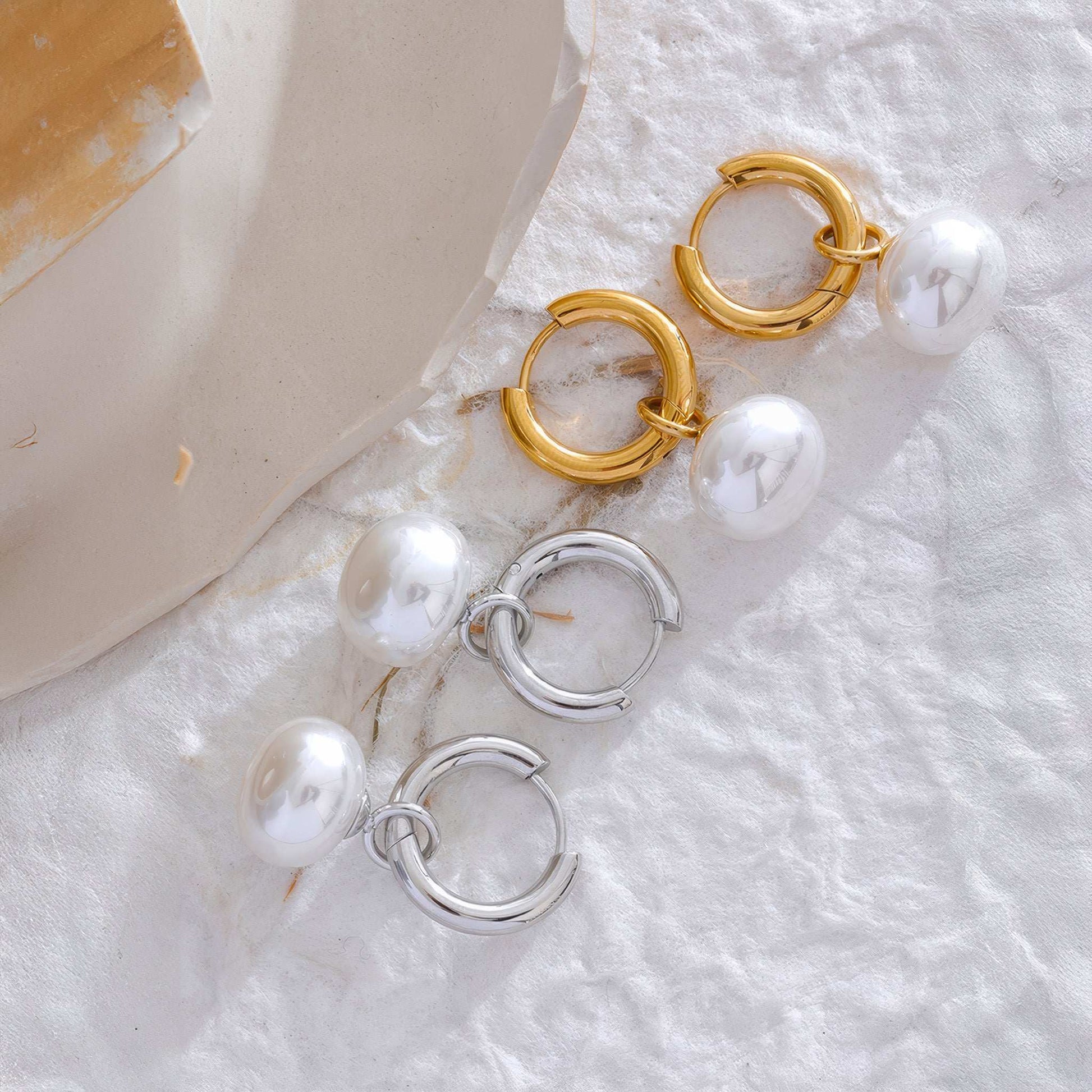Baroque Pearl Huggie Hoops - Gold - Back View - Ohh Glam
