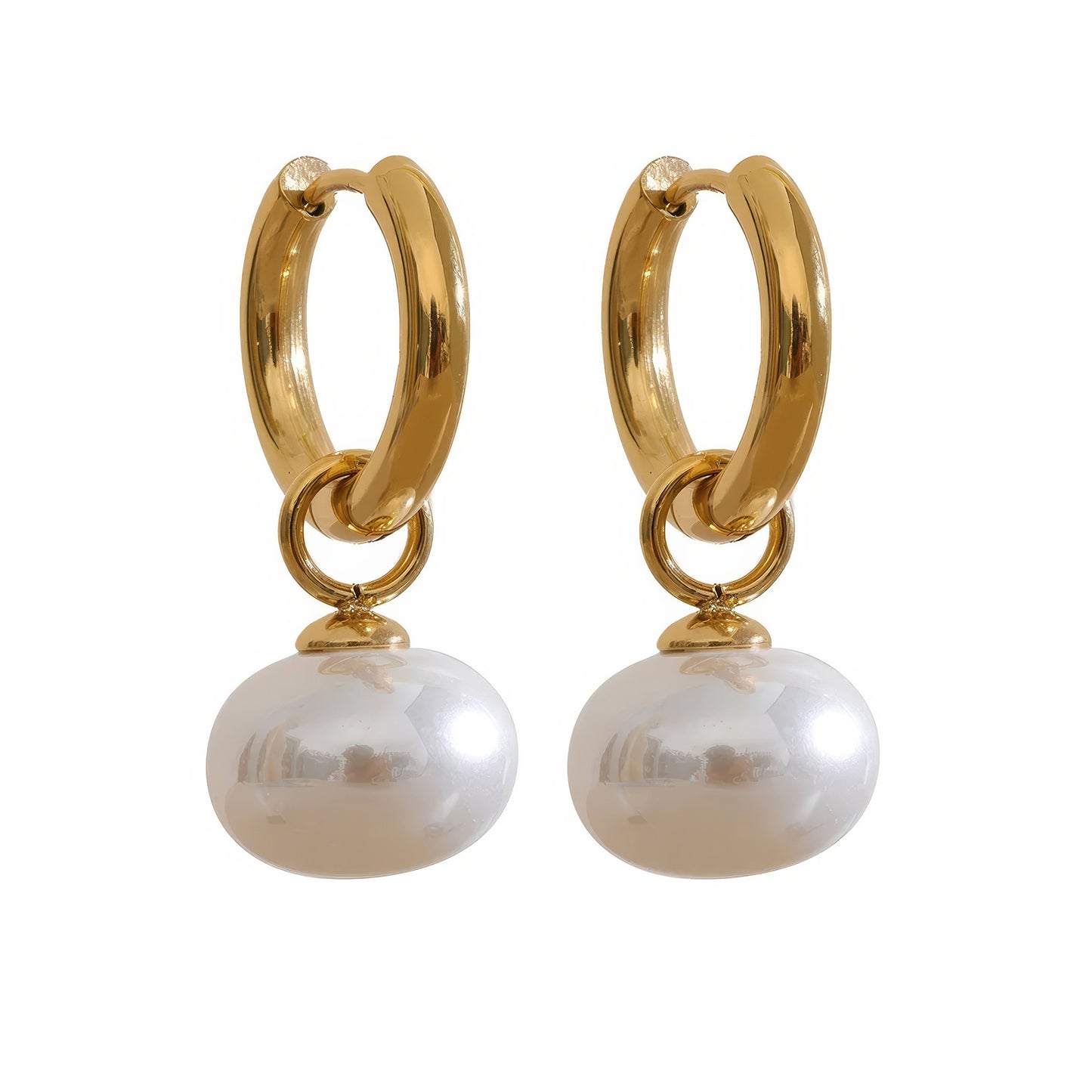 Baroque Pearl Huggie Hoops - Gold - Front View - Ohh Glam