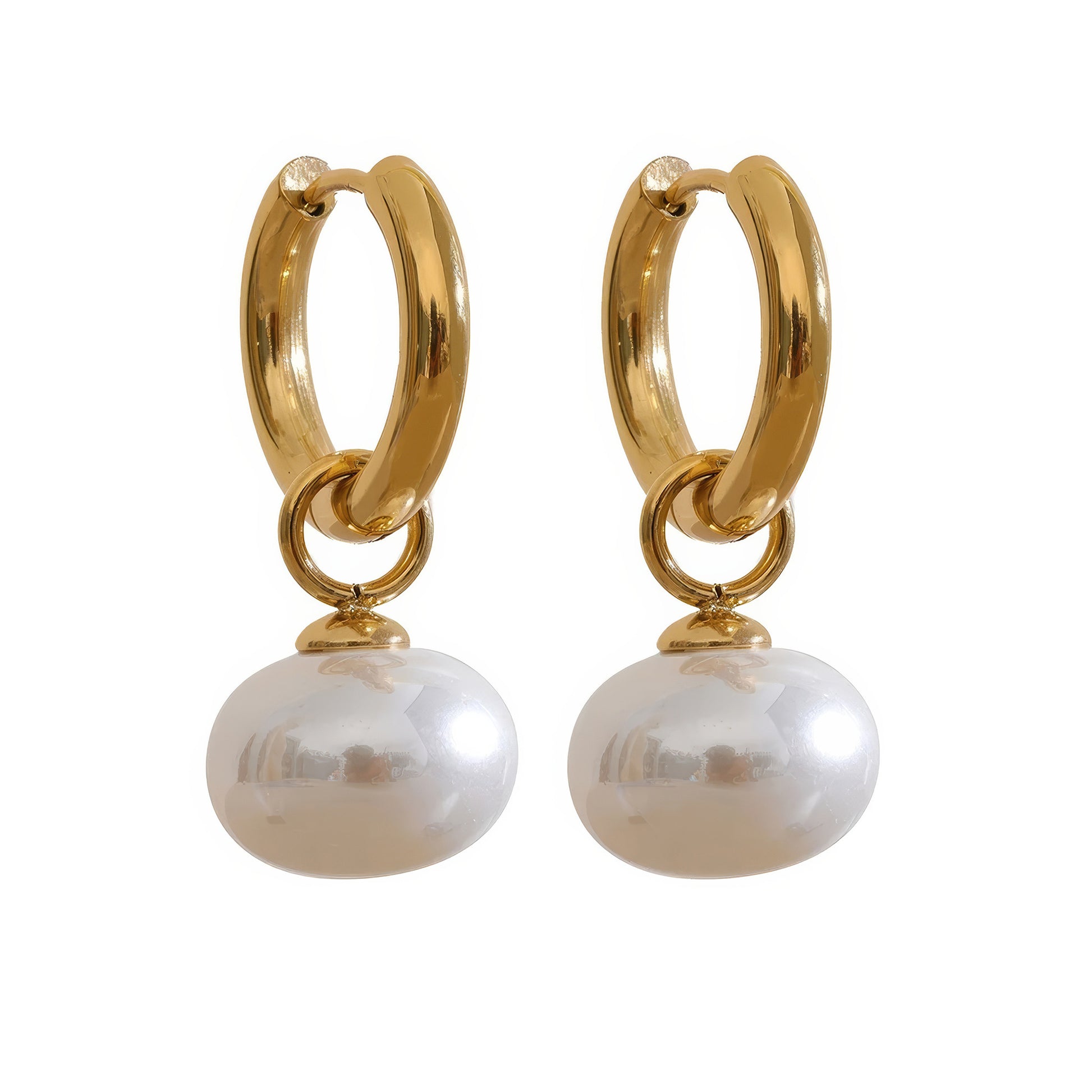 Baroque Pearl Huggie Hoops - Gold - Front View - Ohh Glam
