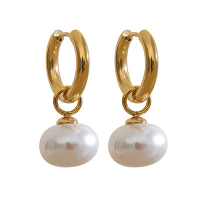 Baroque Pearl Huggie Hoops - Gold - Front View - Ohh Glam