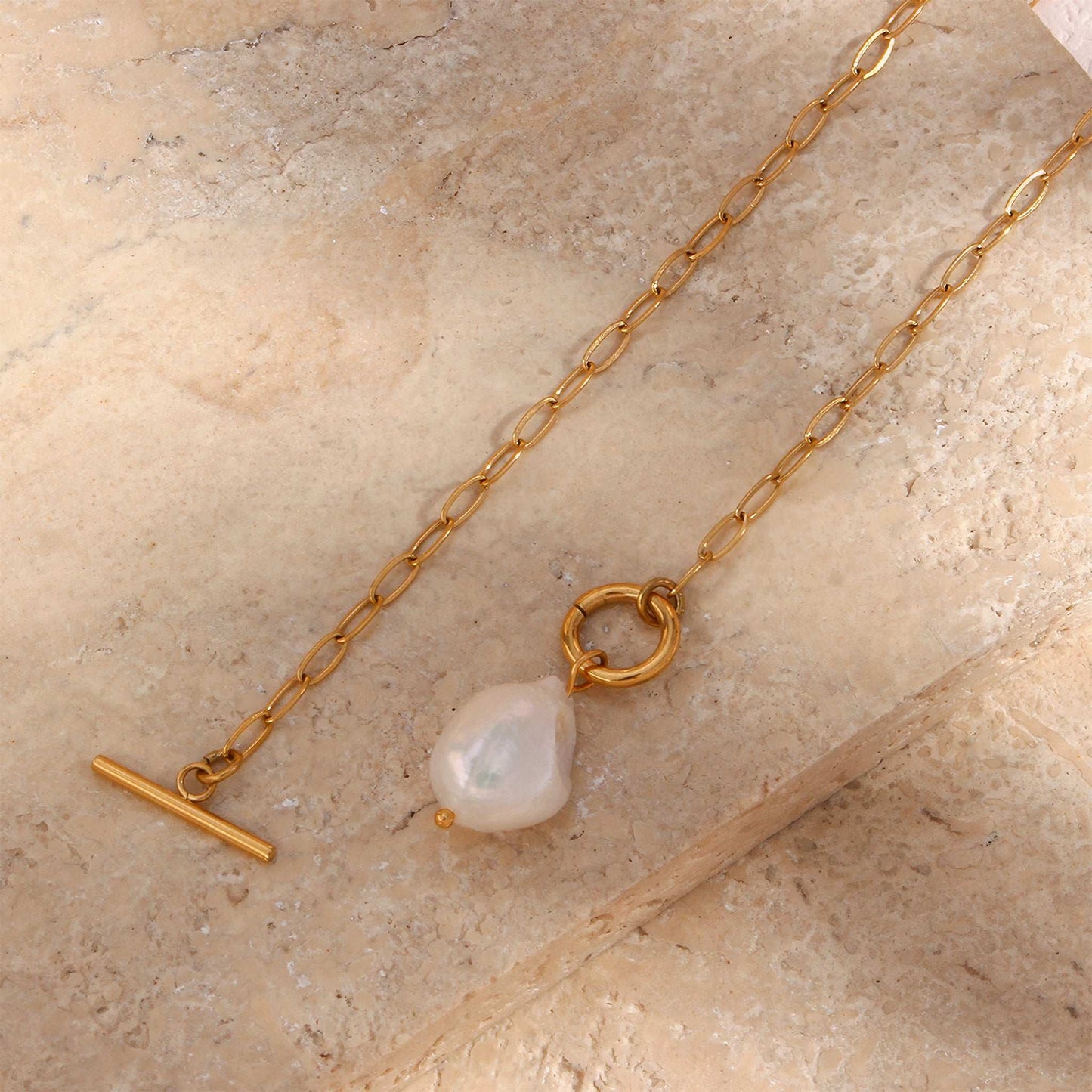 Baroque Pearl Toggle Necklace - Gold - Back View - Ohh Glam