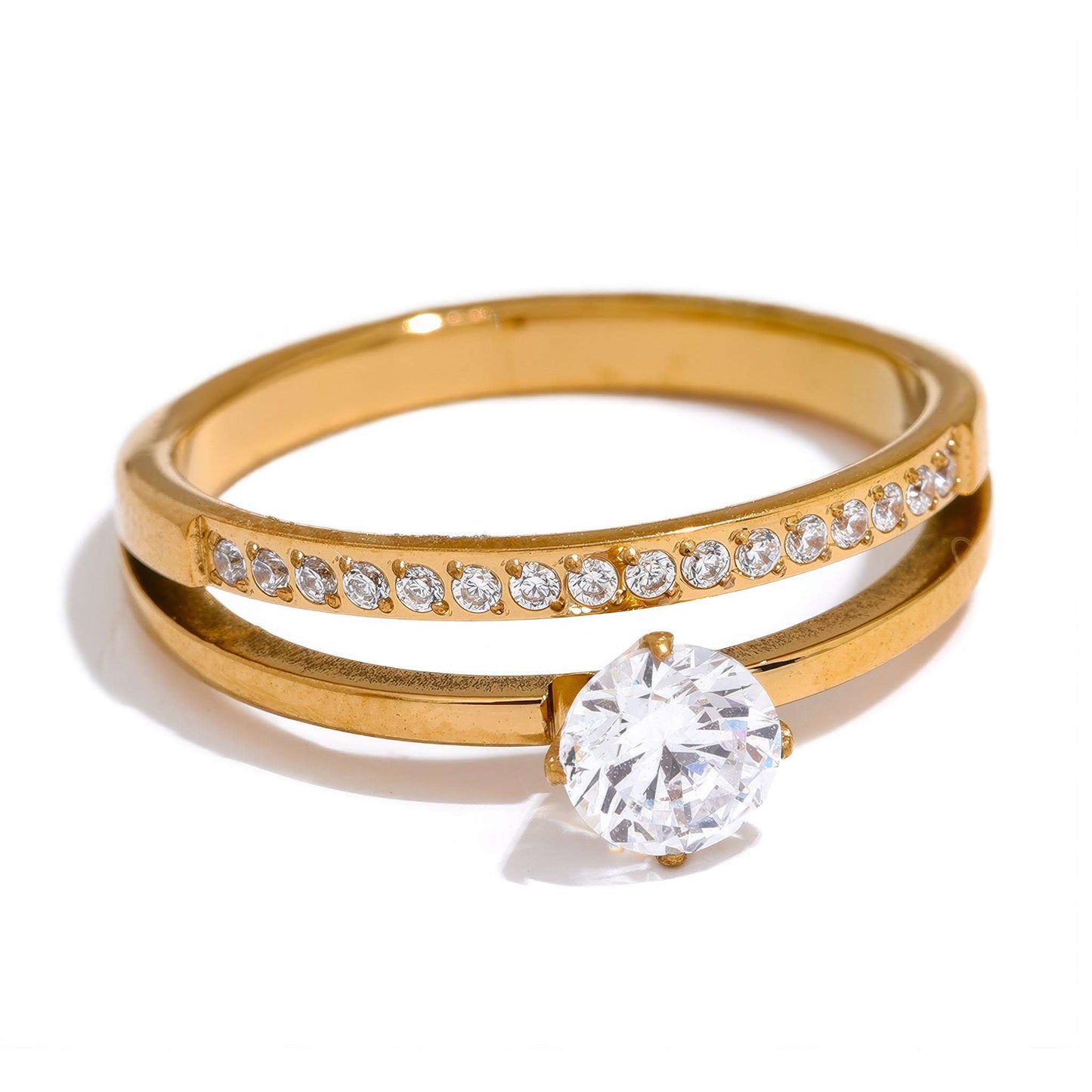 Double Band Solitaire Ring - Gold - Front View - Ohh Glam
