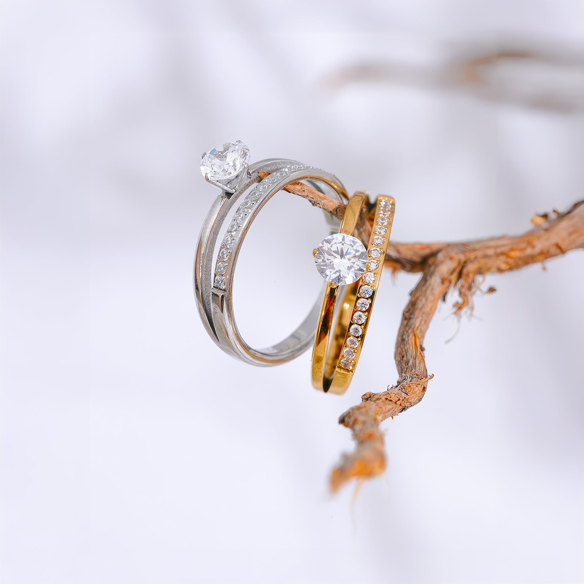 Double Band Solitaire Ring - Gold - Side View - Ohh Glam