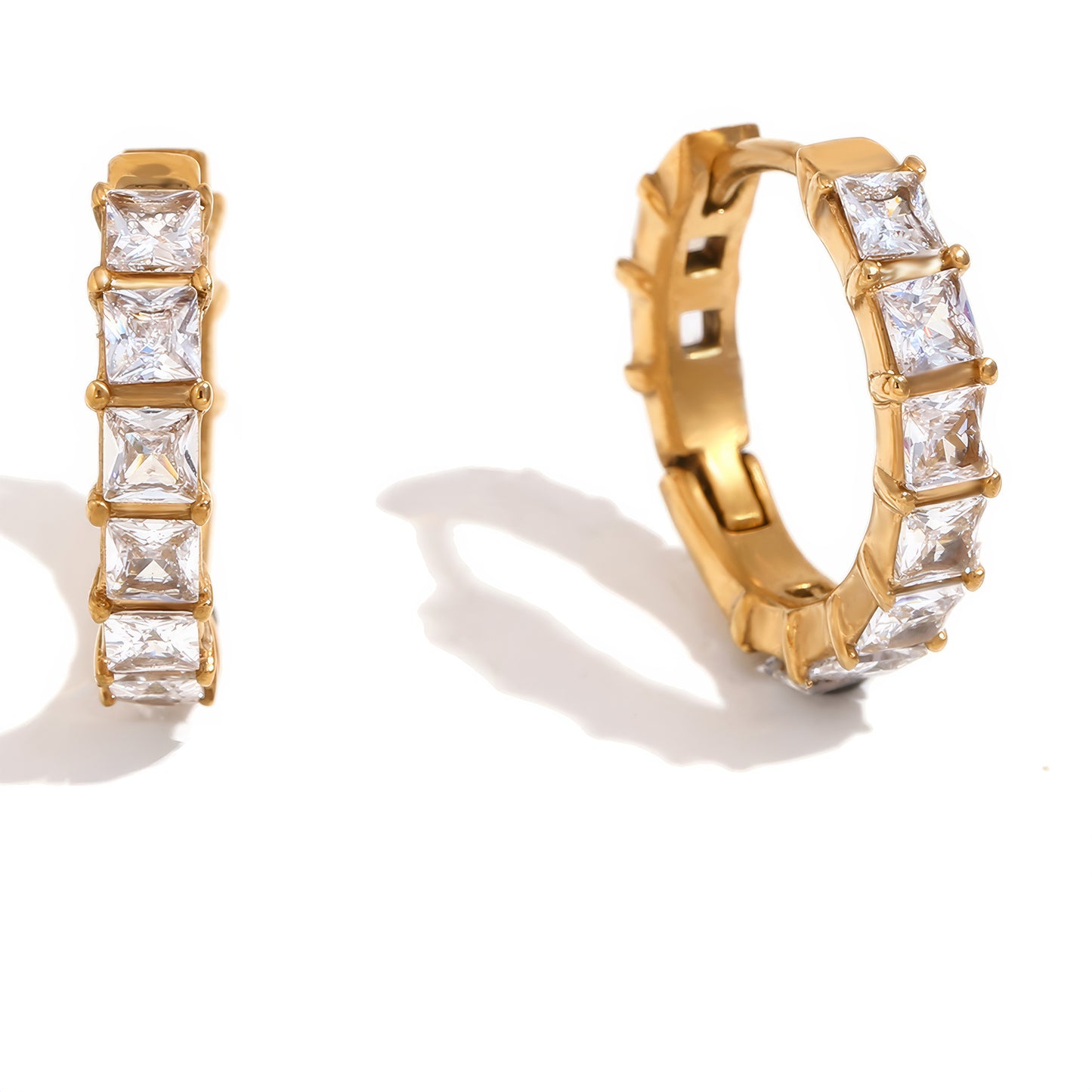 Elegant Gold Rhinestone Huggie Earrings - Gold - Front View - Ohh Glam