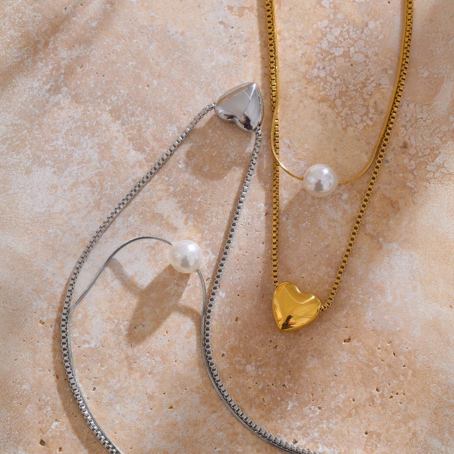 Layered Pearl & Heart Necklace - Gold - Back View - Ohh Glam