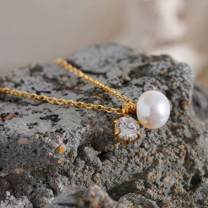 BELLA Pearl & Crystal Duo Necklace - Gold - Back View - Ohh Glam