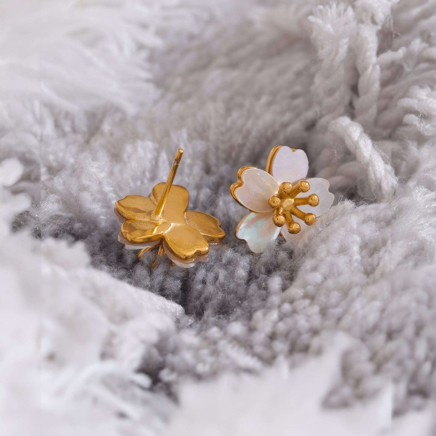 Shell Flower Stud Earrings - Gold - Gold - Back View - Ohh Glam
