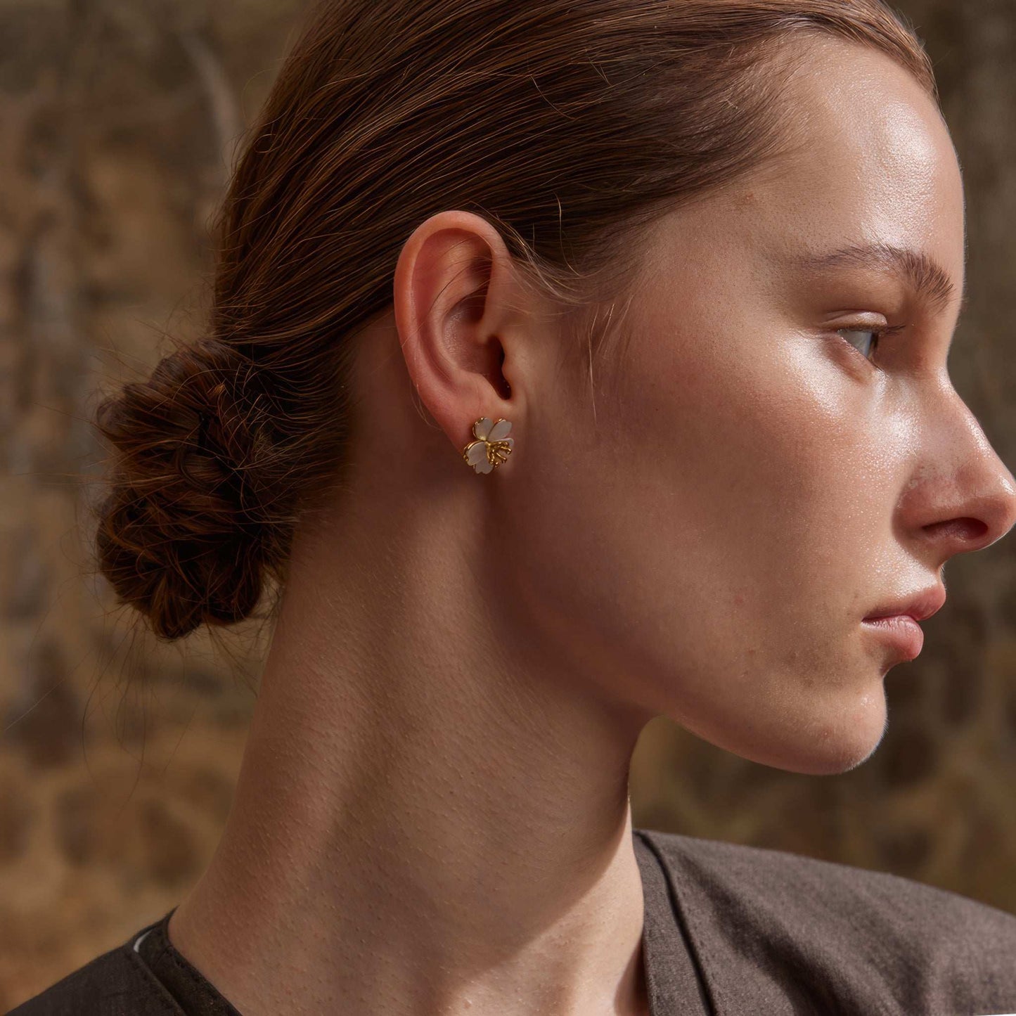 Shell Flower Stud Earrings - Gold - Gold - Side View - Ohh Glam