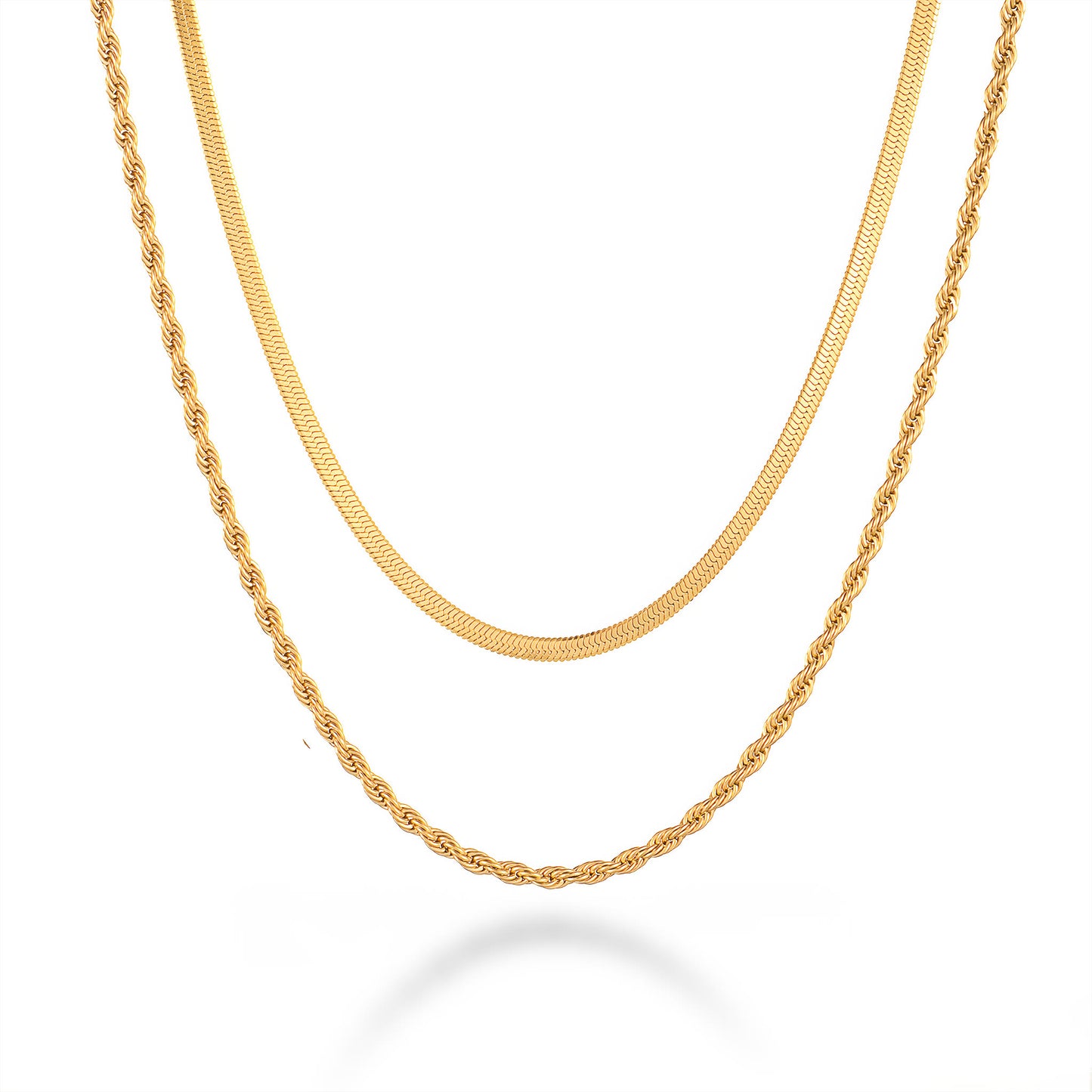 HARMONY Herringbone & Rope Chain Layered Necklace - Gold - Front View - Ohh Glam