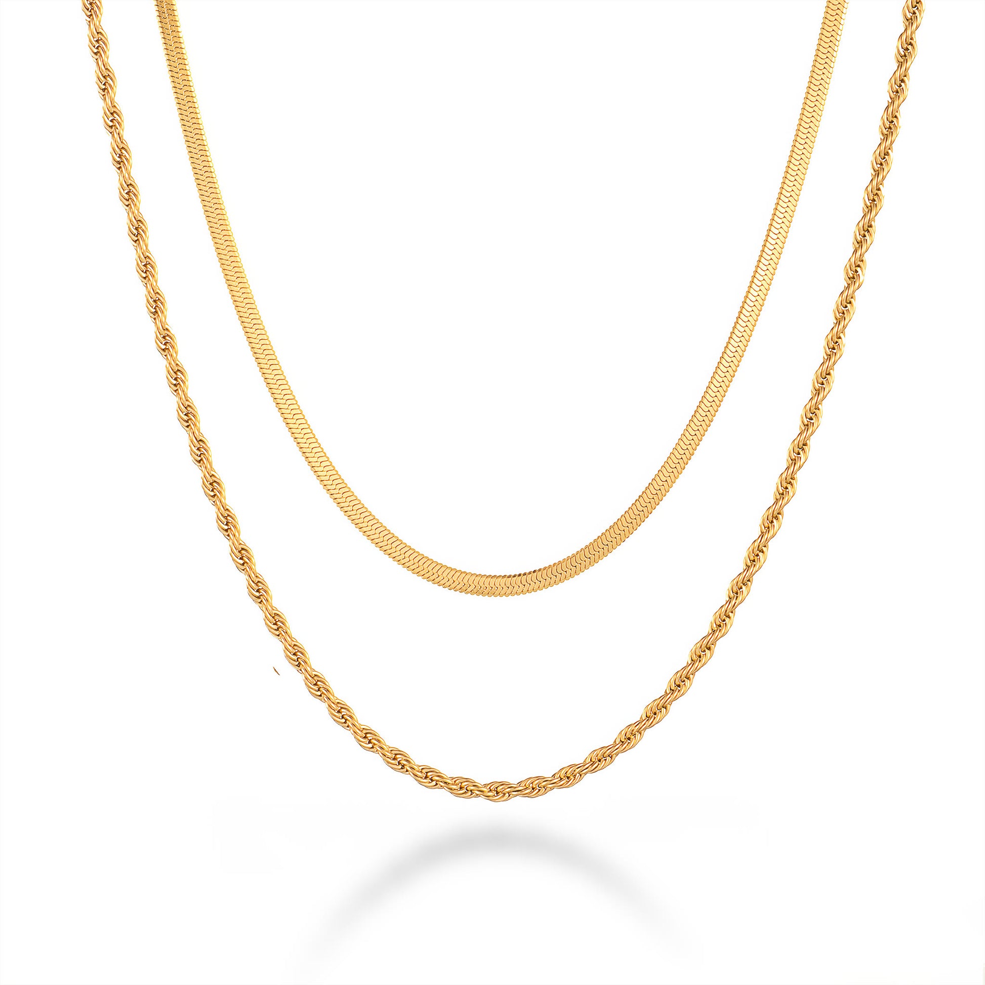 HARMONY Herringbone & Rope Chain Layered Necklace - Gold - Front View - Ohh Glam