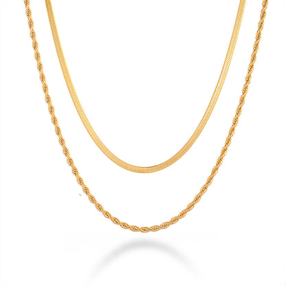 HARMONY Herringbone & Rope Chain Layered Necklace - Gold - Front View - Ohh Glam