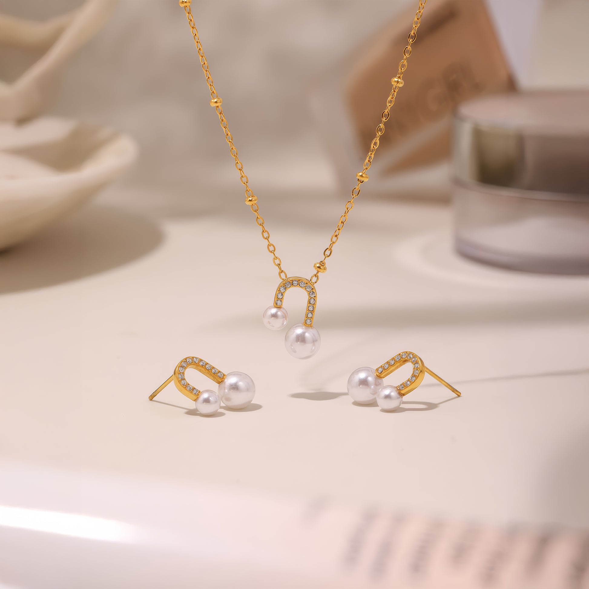 LIORA Pearl Arc Set - Gold - Front View - Ohh Glam