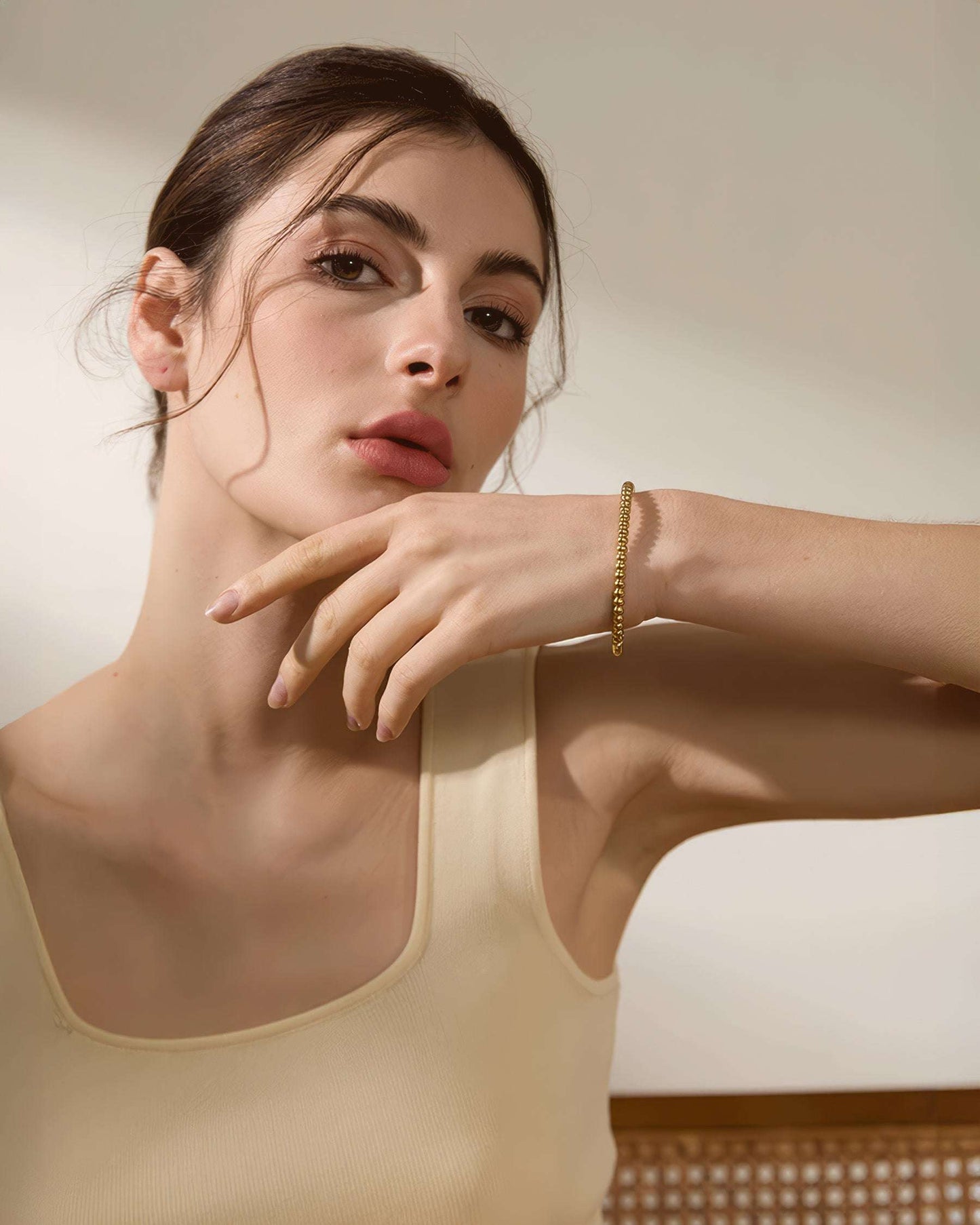 LUXE Beaded Bangle Bracelet - Gold - Angled View - Ohh Glam