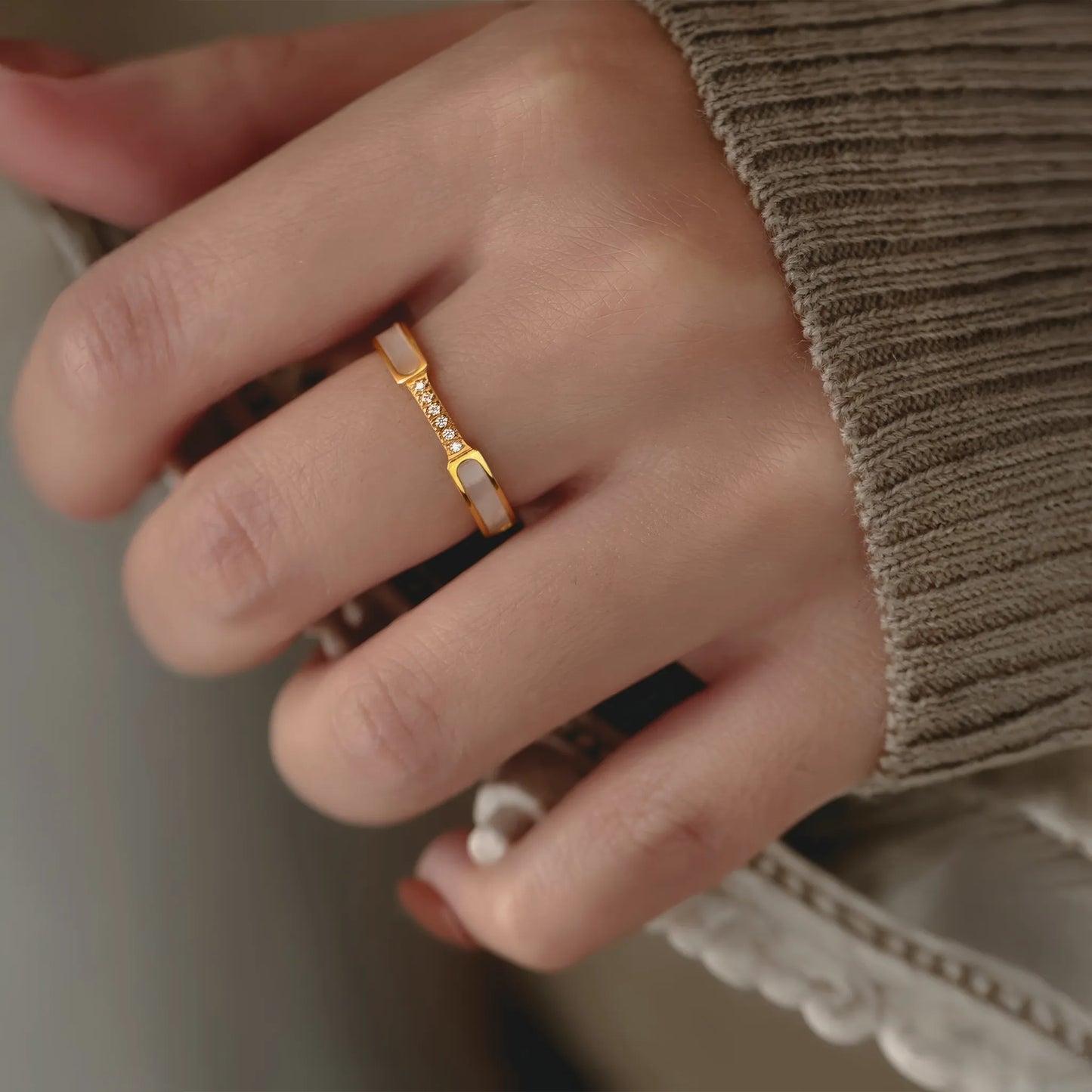 Mother of Pearl Zircon Ring - Gold - Side View - Ohh Glam