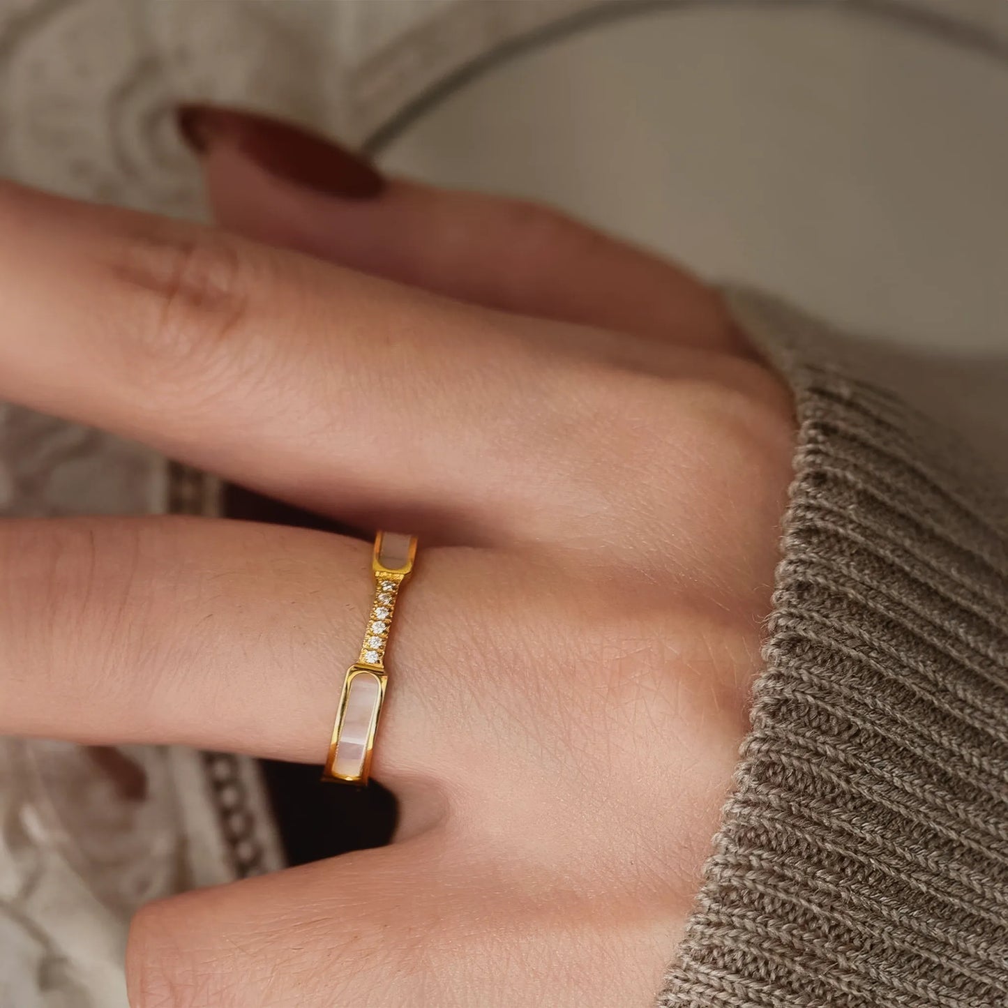 Mother of Pearl Zircon Ring - Gold - Detail View - Ohh Glam