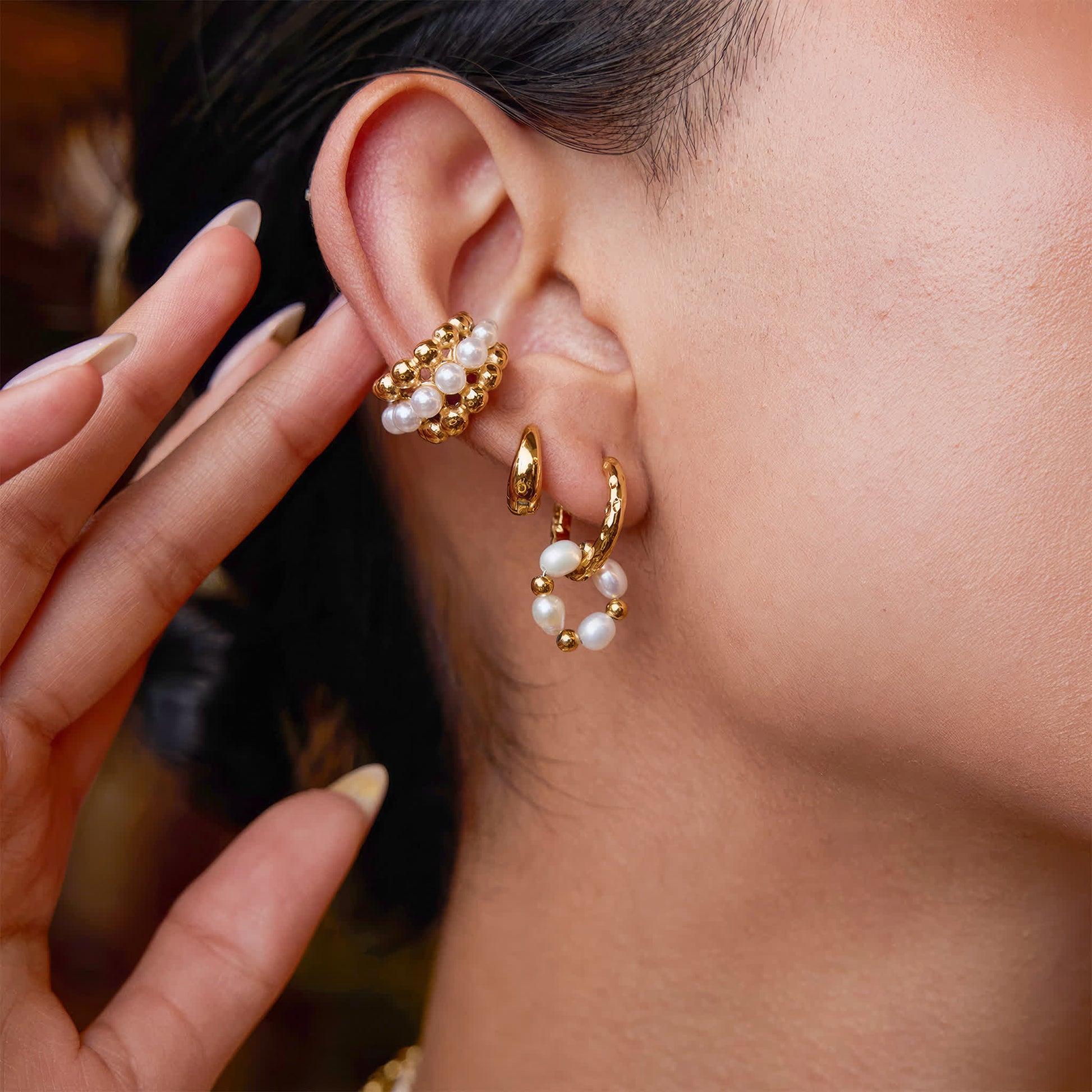 PEARL Ripple Hoops - Gold - Additional View - Ohh Glam