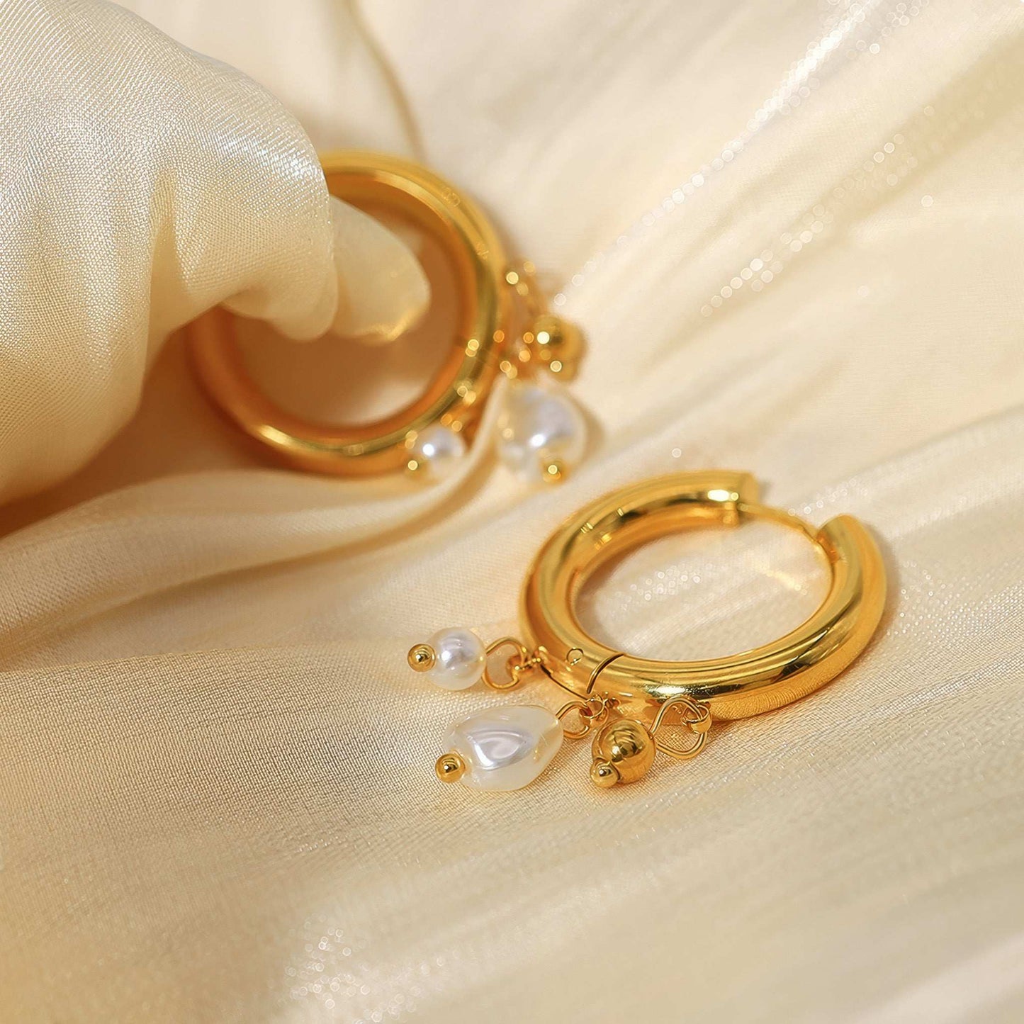 Pearl Charm Hoops - Gold - Back View - Ohh Glam