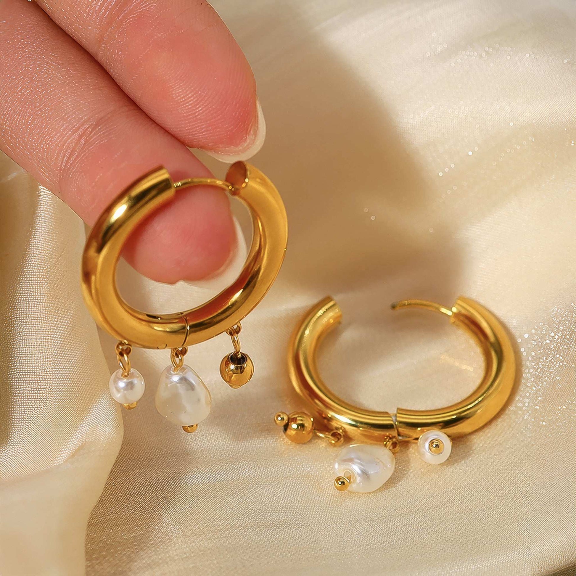 Pearl Charm Hoops - Gold - Detail View - Ohh Glam
