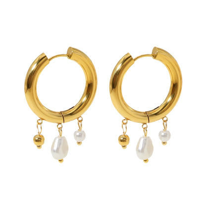 Pearl Charm Hoops - Gold - Front View - Ohh Glam