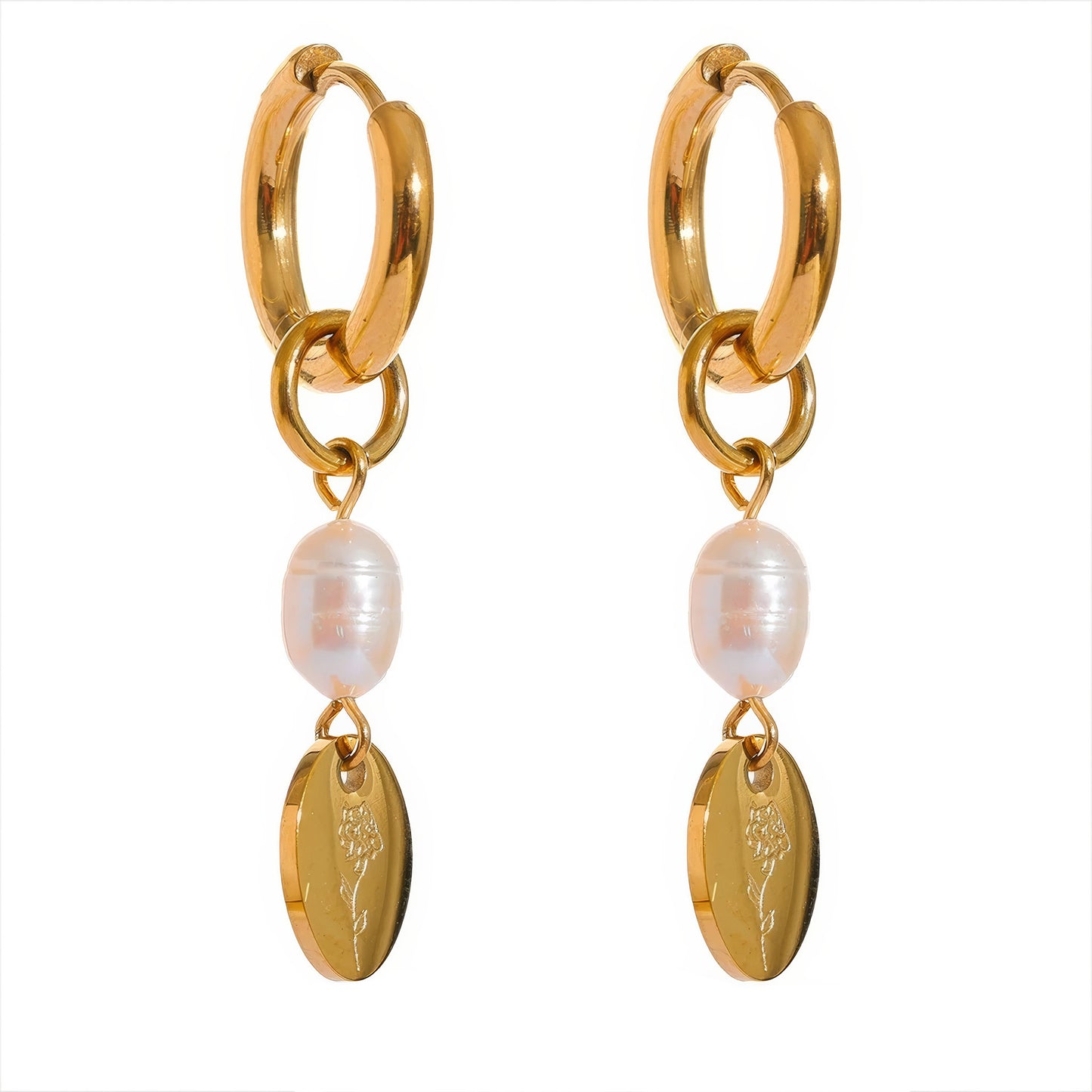 Floral Pearl Drop Hoops - Gold - Front View - Ohh Glam