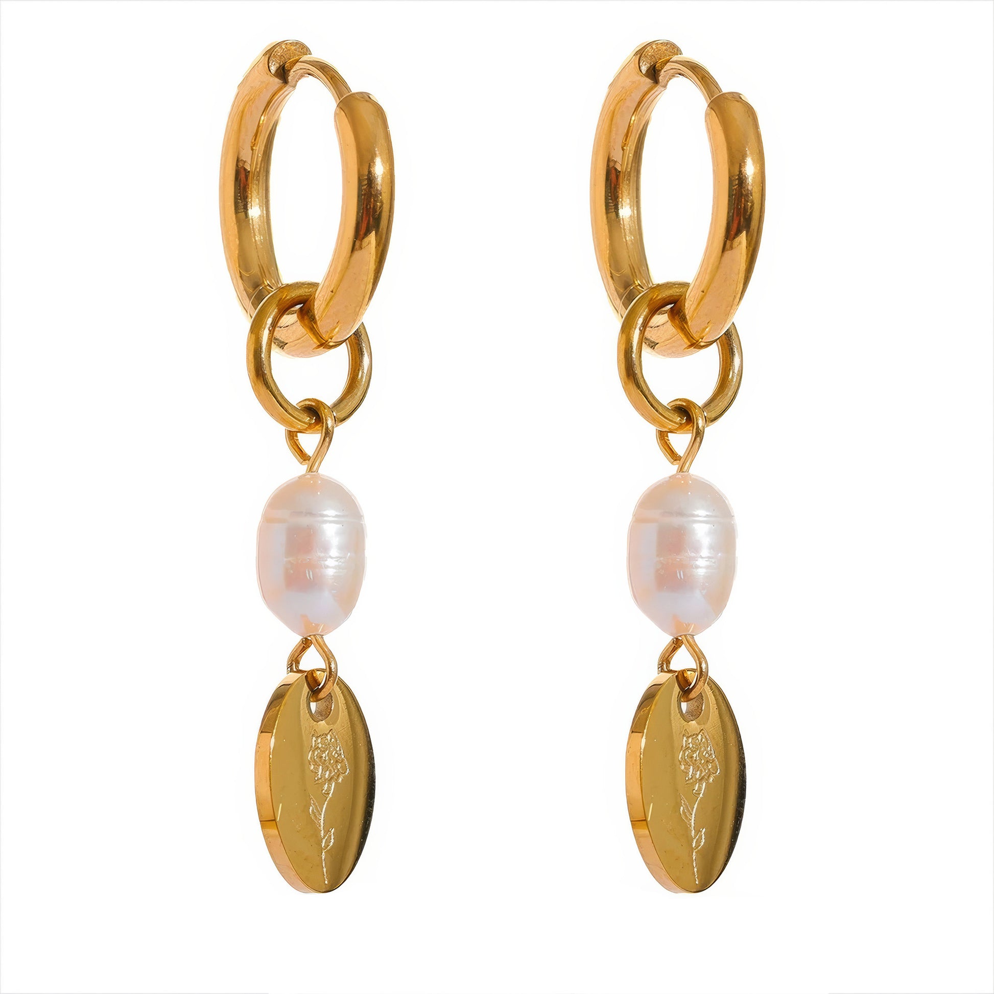 Floral Pearl Drop Hoops - Gold - Front View - Ohh Glam