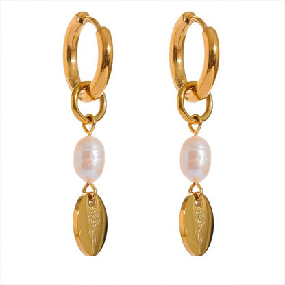 Floral Pearl Drop Hoops - Gold - Front View - Ohh Glam