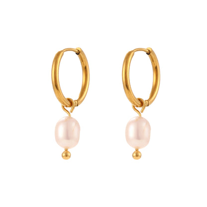 Pearl Drop Huggie Hoops - Gold - Front View - Ohh Glam