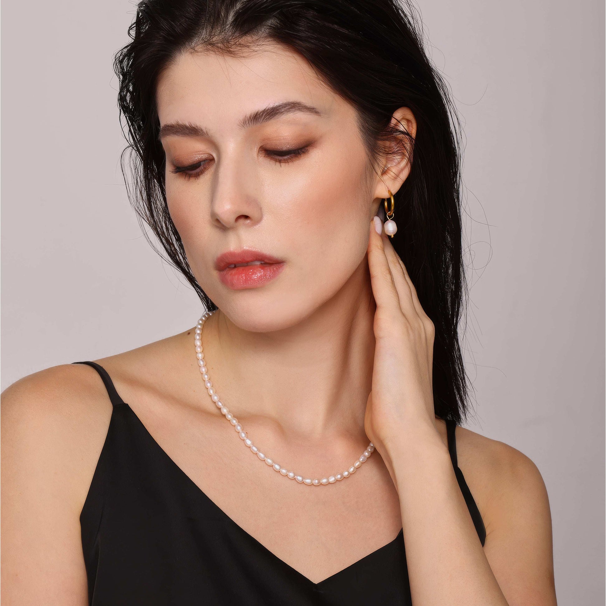Pearl Drop Huggie Hoops - Gold - Detail View - Ohh Glam