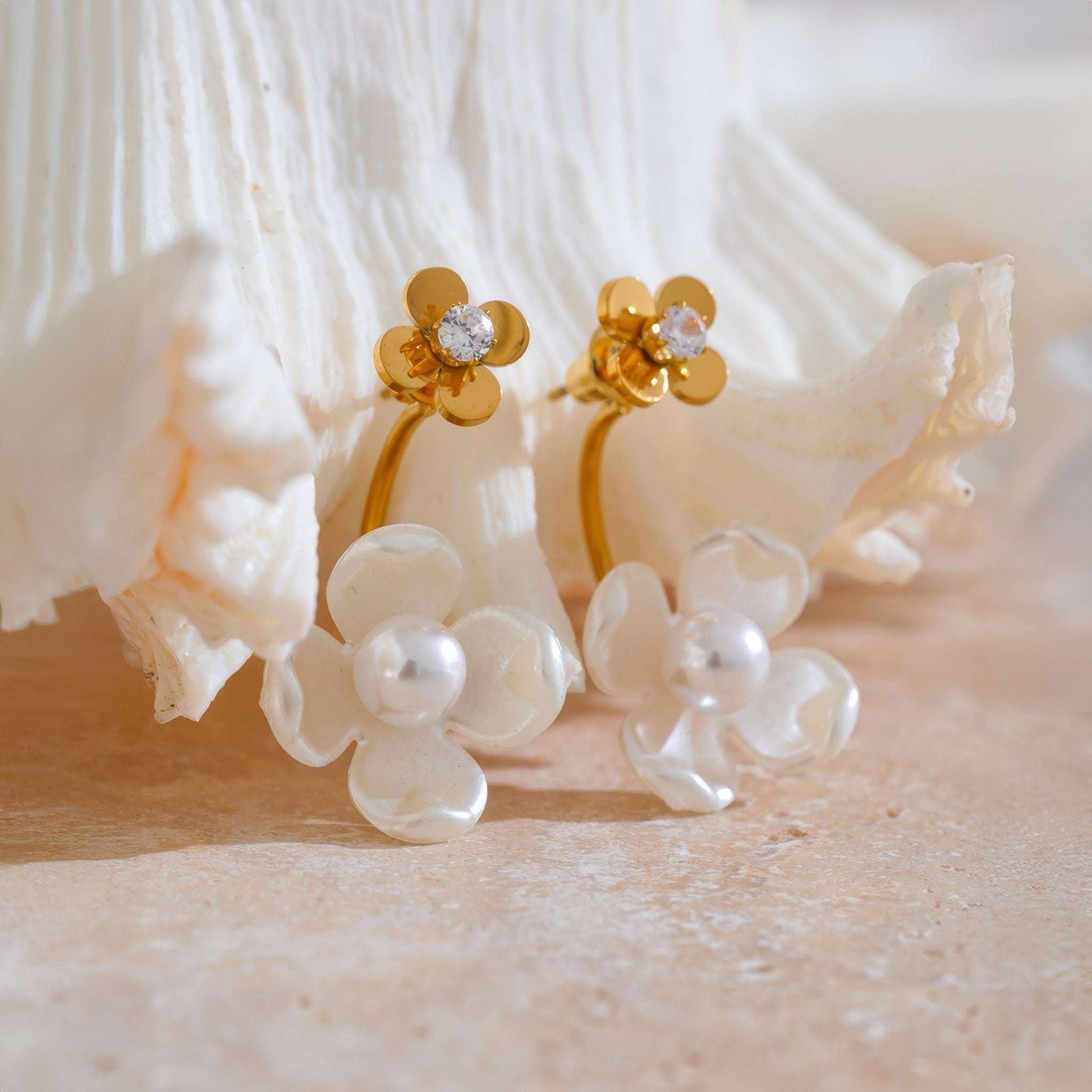 Peony Pearl Studs - Gold - Back View - Ohh Glam
