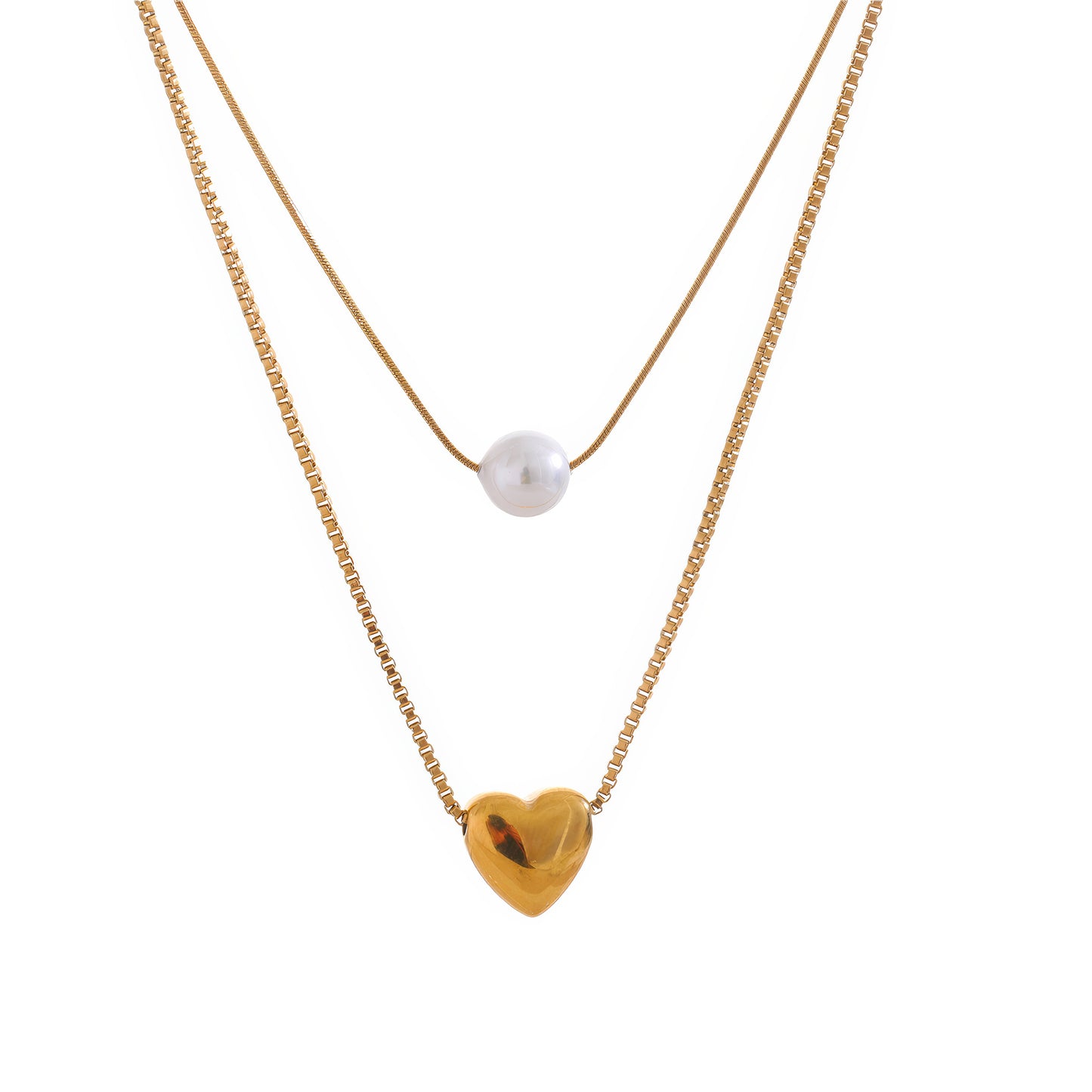 Layered Pearl & Heart Necklace - Gold - Front View - Ohh Glam