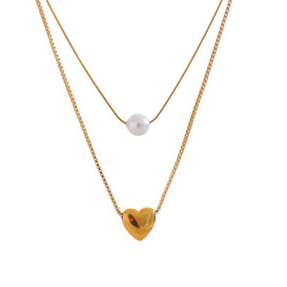 Layered Pearl & Heart Necklace - Gold - Front View - Ohh Glam