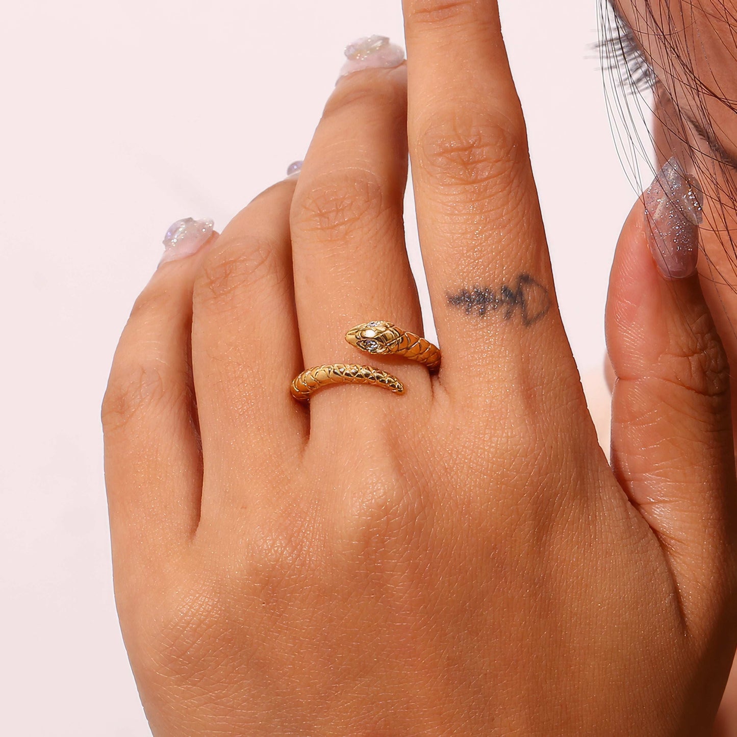 Crystal Eye Snake Ring - Gold - ADJUSTABLE - Detail View - Ohh Glam