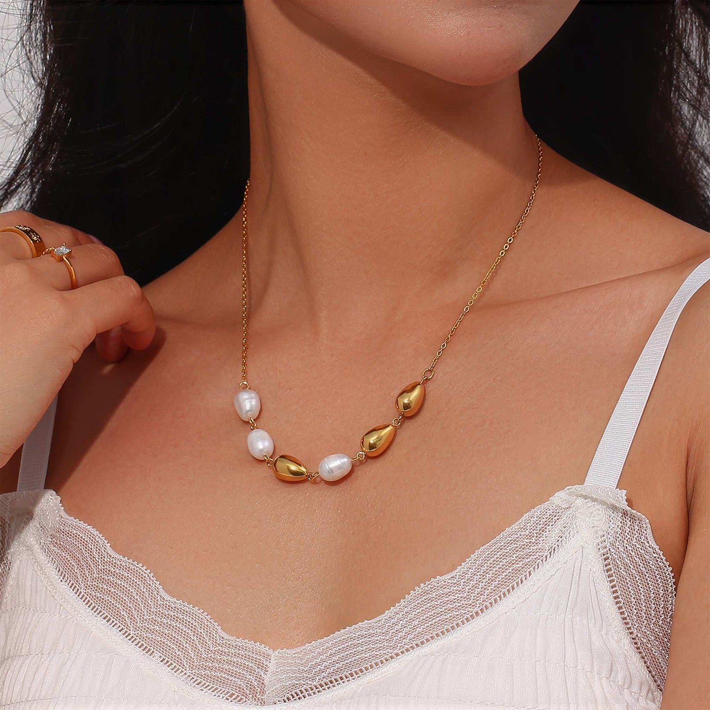 PEARLA Pearl & Gold Drop Necklace - Gold - Side View - Ohh Glam