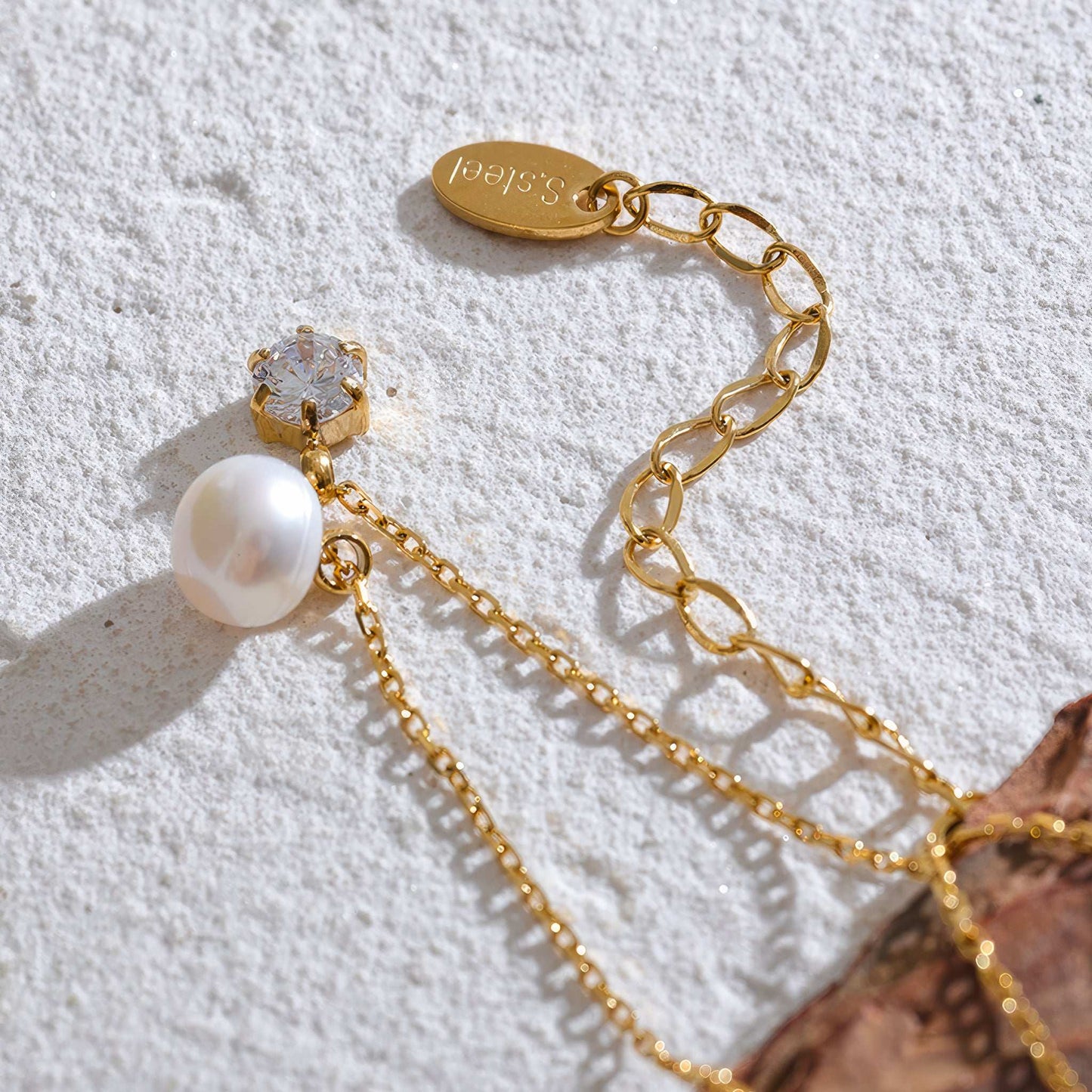 BELLA Pearl & Crystal Duo Necklace - Gold - Additional View - Ohh Glam