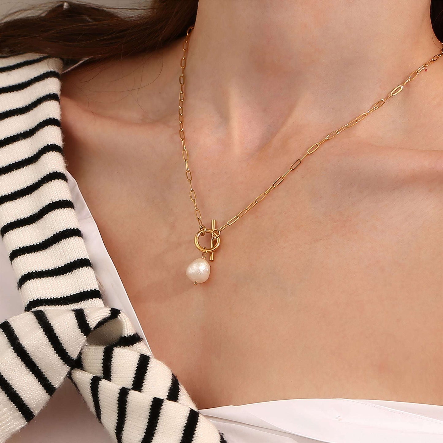 Baroque Pearl Toggle Necklace - Gold - Additional View - Ohh Glam