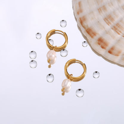 Pearl Drop Huggie Hoops - Gold - Back View - Ohh Glam
