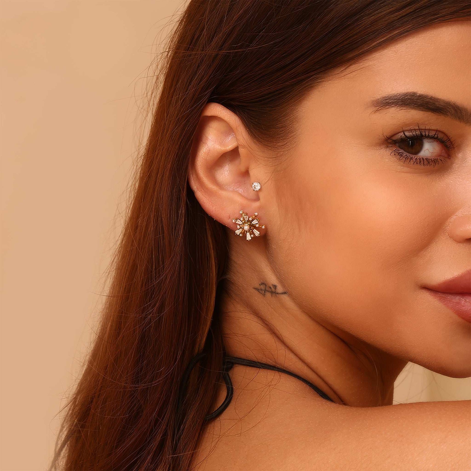 Pearl Starburst Stud Earrings - Gold - Side View - Ohh Glam