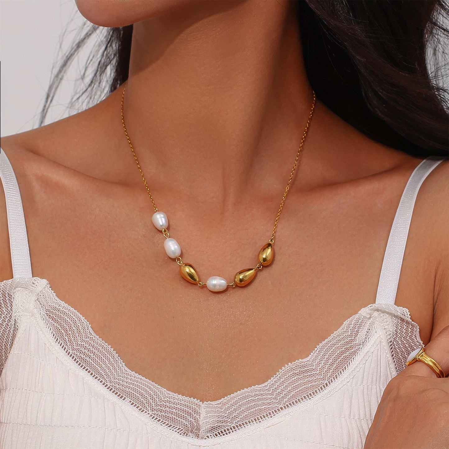 PEARLA Pearl & Gold Drop Necklace - Gold - Detail View - Ohh Glam