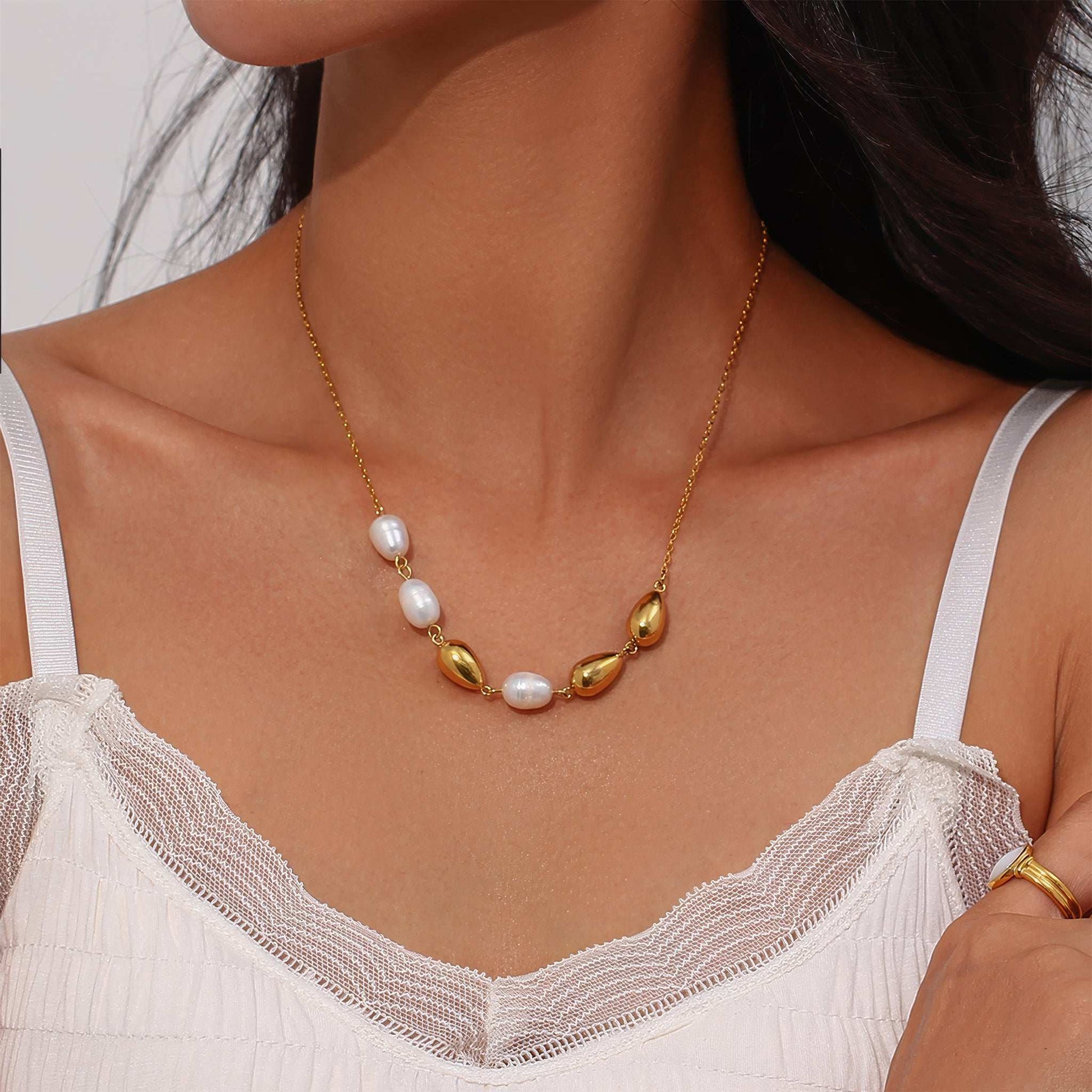 PEARLA Pearl & Gold Drop Necklace - Gold - Detail View - Ohh Glam